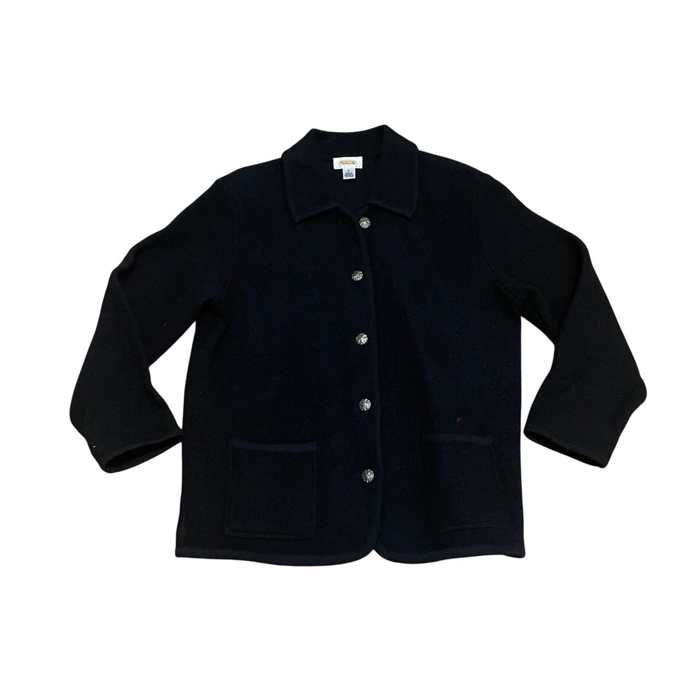 Talbots Women's Petite Medium Black Boiled Wool Button Front Cardigan Jacket